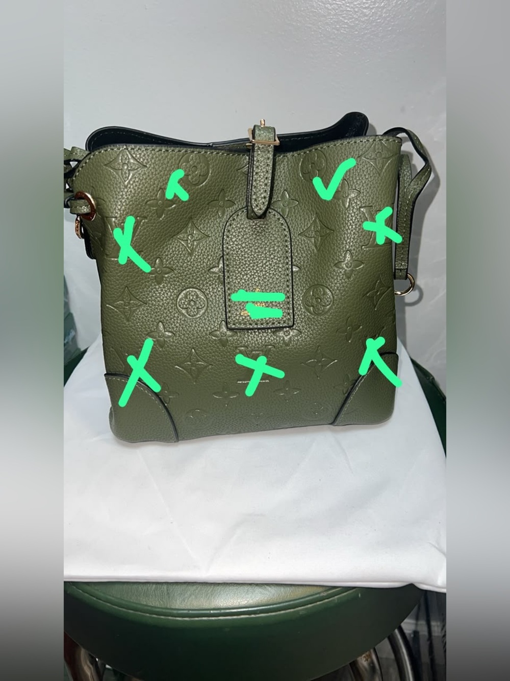 Designer-Inspired Olive Green Embossed Bucket Shoulder Bag
